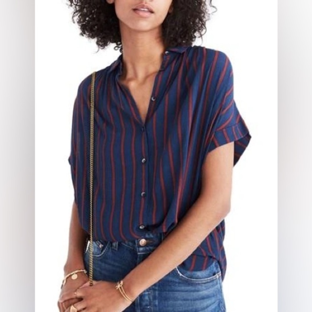 Madewell Navy and Rust-Striped Short-Sleeve Button-Down